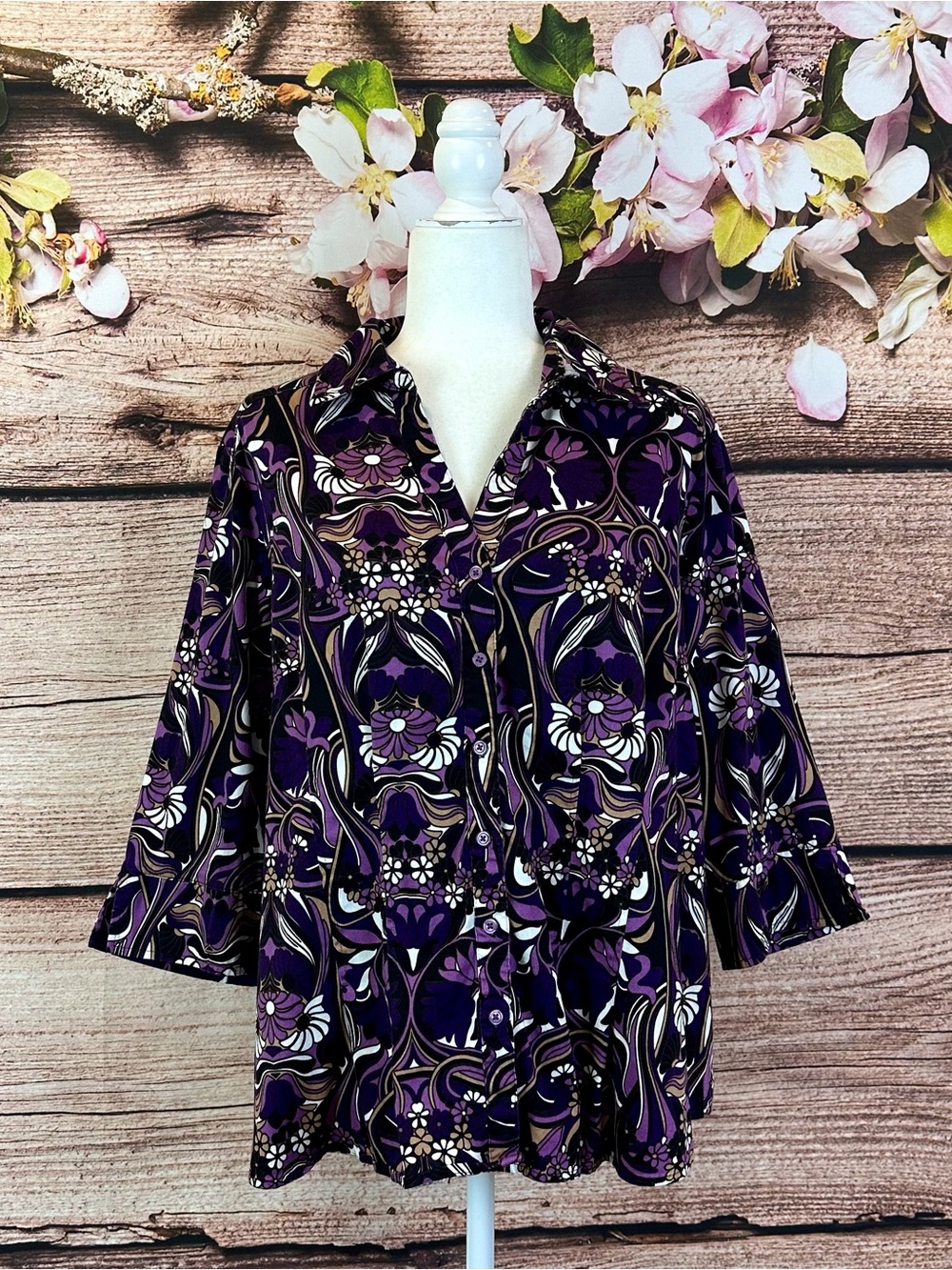Fred David Women’s Cotton Purple Boho Abstract Geo Button Down Shirt Blouse 1X